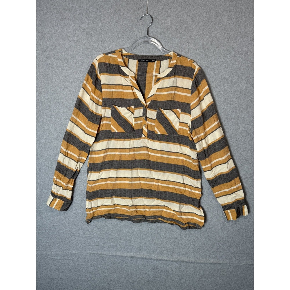 Doe‎ & Rae Shirt Womens Medium Brown Yellow Striped Long Sleeve Textured Pocket